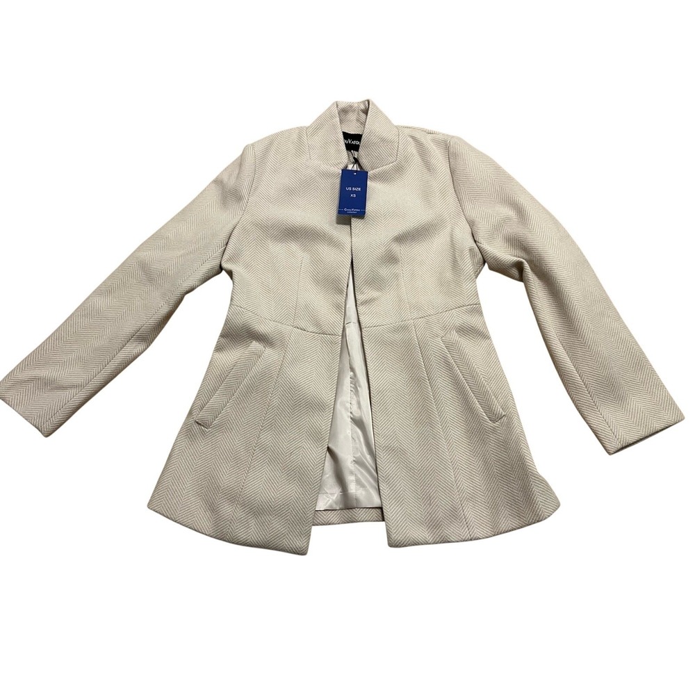 Chouyatou Womens Herringbone Stand Collar Open Front Pea Coat Cream XS QMDJL441